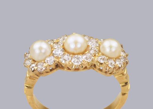 ANTIQUE PEARL OLD CUT DIAMOND 18CT GOLD EDWARDANART DECO TRIPLE CLUSTER RING - ADDITIONAL PHOTO 4