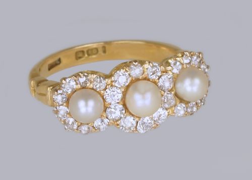 ANTIQUE PEARL OLD CUT DIAMOND 18CT GOLD EDWARDANART DECO TRIPLE CLUSTER RING - ADDITIONAL PHOTO 5