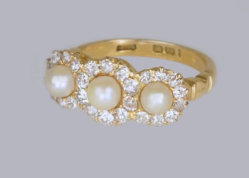 ANTIQUE PEARL OLD CUT DIAMOND 18CT GOLD EDWARDANART DECO TRIPLE CLUSTER RING - ADDITIONAL PHOTO 6