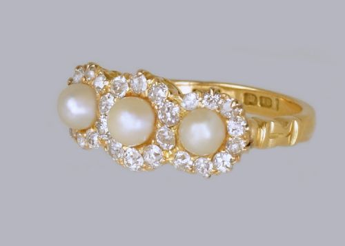 ANTIQUE PEARL OLD CUT DIAMOND 18CT GOLD EDWARDANART DECO TRIPLE CLUSTER RING - ADDITIONAL PHOTO 7