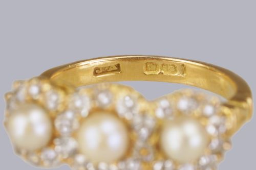 ANTIQUE PEARL OLD CUT DIAMOND 18CT GOLD EDWARDANART DECO TRIPLE CLUSTER RING - ADDITIONAL PHOTO 8