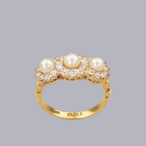 ANTIQUE PEARL OLD CUT DIAMOND 18CT GOLD EDWARDANART DECO TRIPLE CLUSTER RING - ADDITIONAL PHOTO 14
