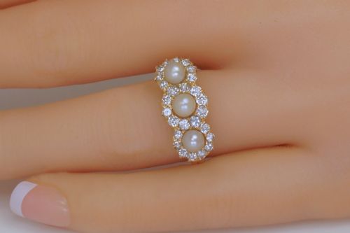 ANTIQUE PEARL OLD CUT DIAMOND 18CT GOLD EDWARDANART DECO TRIPLE CLUSTER RING - ADDITIONAL PHOTO 15