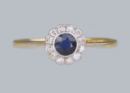 sapphire diamond cluster ring antique 18ct gold edwardian art deco daisy ring - CATEGORY: ANTIQUE JEWELLERY - DATED 1920
