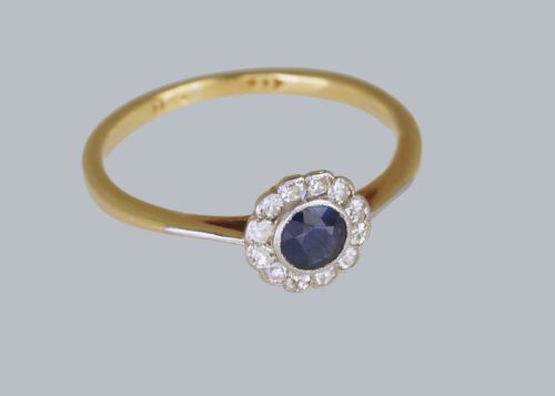 SAPPHIRE DIAMOND CLUSTER RING ANTIQUE 18CT GOLD EDWARDIAN ART DECO DAISY RING - ADDITIONAL PHOTO 2