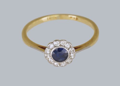 SAPPHIRE DIAMOND CLUSTER RING ANTIQUE 18CT GOLD EDWARDIAN ART DECO DAISY RING - ADDITIONAL PHOTO 3