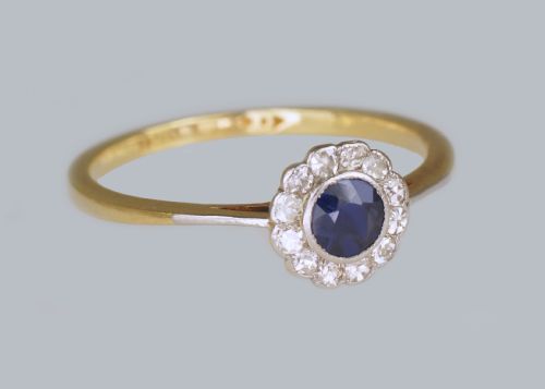 SAPPHIRE DIAMOND CLUSTER RING ANTIQUE 18CT GOLD EDWARDIAN ART DECO DAISY RING - ADDITIONAL PHOTO 5