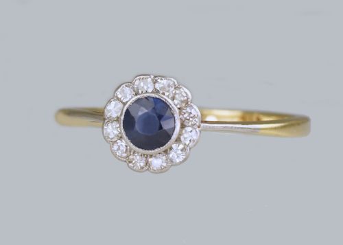 SAPPHIRE DIAMOND CLUSTER RING ANTIQUE 18CT GOLD EDWARDIAN ART DECO DAISY RING - ADDITIONAL PHOTO 6