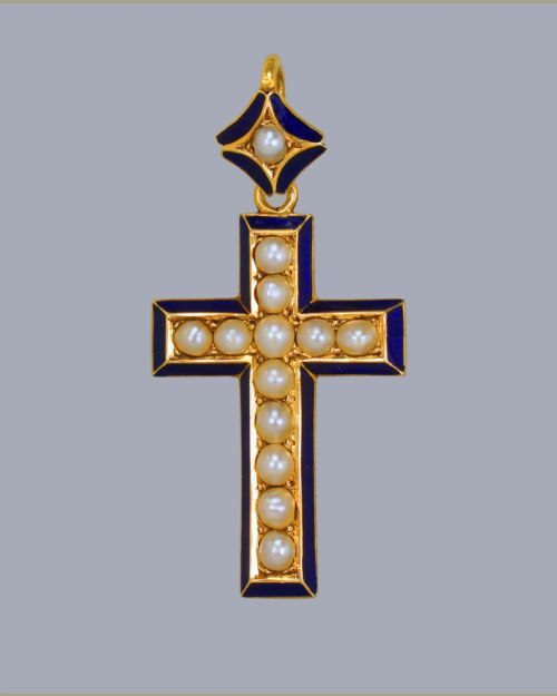 victorian pearl blue enamel crucifix pendant 18ct gold antique cross circa 1900 - CATEGORY: ANTIQUE JEWELLERY - DATED VICTORIAN