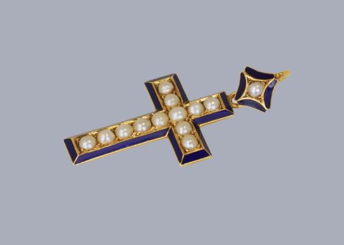 VICTORIAN PEARL BLUE ENAMEL CRUCIFIX PENDANT 18CT GOLD ANTIQUE CROSS CIRCA 1900 - ADDITIONAL PHOTO 2