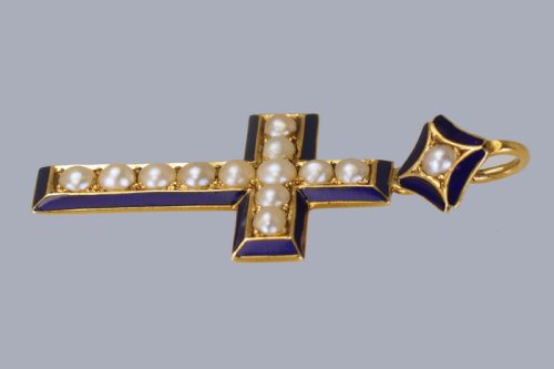 VICTORIAN PEARL BLUE ENAMEL CRUCIFIX PENDANT 18CT GOLD ANTIQUE CROSS CIRCA 1900 - ADDITIONAL PHOTO 3