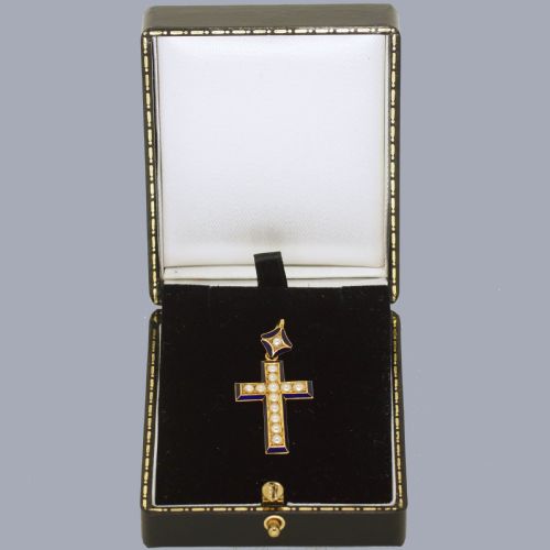 VICTORIAN PEARL BLUE ENAMEL CRUCIFIX PENDANT 18CT GOLD ANTIQUE CROSS CIRCA 1900 - ADDITIONAL PHOTO 7