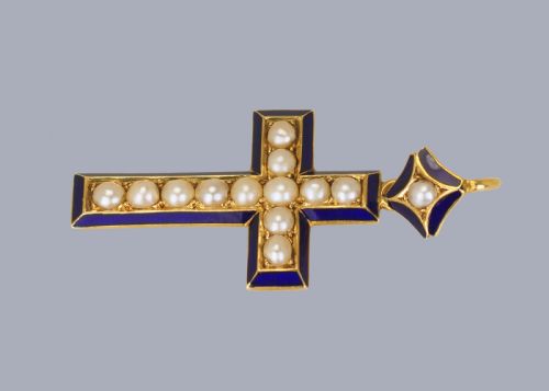 VICTORIAN PEARL BLUE ENAMEL CRUCIFIX PENDANT 18CT GOLD ANTIQUE CROSS CIRCA 1900 - ADDITIONAL PHOTO 9