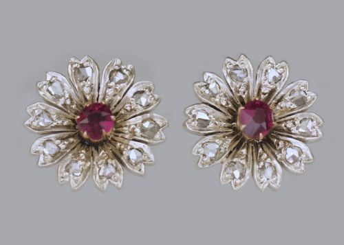 ANTIQUE RUBY ROSE CUT DIAMOND 9CT GOLD STUD FLOWER EDWARDIAN EARRINGS CIRCA 1910 - ADDITIONAL PHOTO 8