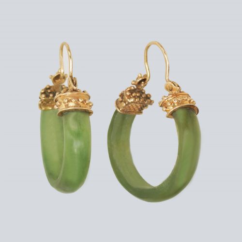 VICTORIAN NEPHRITE JADE 18CT GOLD HOOP ANTIQUE ETRUSCAN RIVIAL EARRINGS CIRCA 1890 - ADDITIONAL PHOTO 1