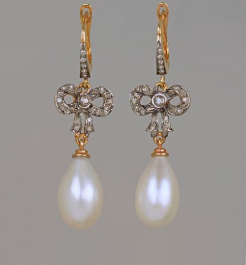 victorian pearl rose cut diamond dangle 18ct gold antique drop earrings circa 1890 - CATEGORY: ANTIQUE JEWELLERY - DATED VICTORIAN