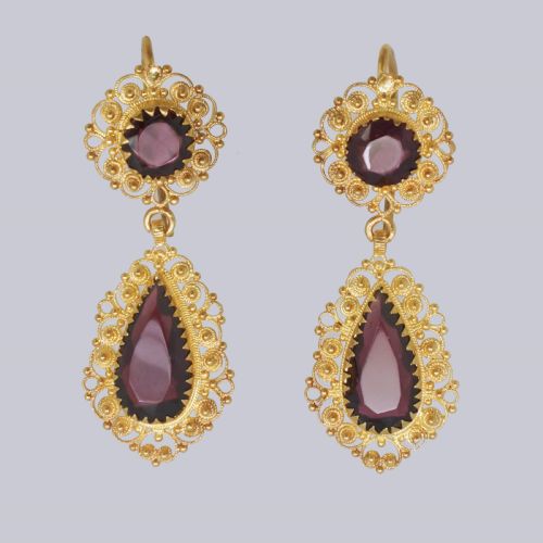 victorian garnet 18ct gold double drop antique 1 12 dangling earrings ca1900 - CATEGORY: ANTIQUE JEWELLERY - DATED VICTORIAN