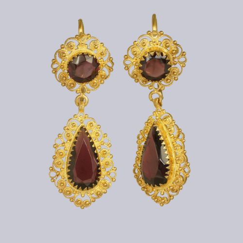VICTORIAN GARNET 18CT GOLD DOUBLE DROP ANTIQUE 1 12 DANGLING EARRINGS CA1900 - ADDITIONAL PHOTO 1