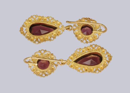 VICTORIAN GARNET 18CT GOLD DOUBLE DROP ANTIQUE 1 12 DANGLING EARRINGS CA1900 - ADDITIONAL PHOTO 2