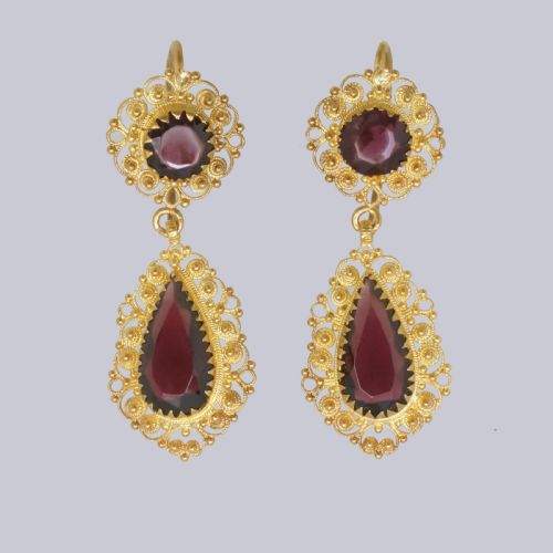 VICTORIAN GARNET 18CT GOLD DOUBLE DROP ANTIQUE 1 12 DANGLING EARRINGS CA1900 - ADDITIONAL PHOTO 4