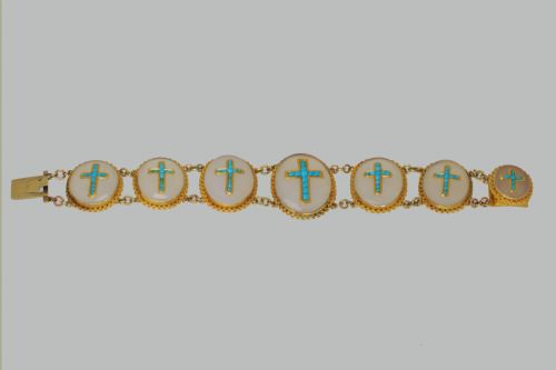 VICTORIAN 18CT GOLD TURQUOISE CHALCEDONY CRUCIFIX BRACELET ANTIQUE CROSS BRACELET CIRCA 1880 - ADDITIONAL PHOTO 3