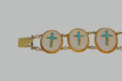 VICTORIAN 18CT GOLD TURQUOISE CHALCEDONY CRUCIFIX BRACELET ANTIQUE CROSS BRACELET CIRCA 1880 - ADDITIONAL PHOTO 4