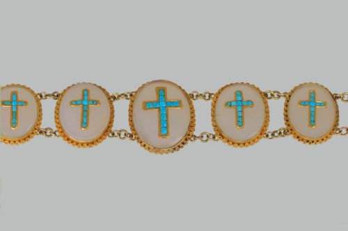 VICTORIAN 18CT GOLD TURQUOISE CHALCEDONY CRUCIFIX BRACELET ANTIQUE CROSS BRACELET CIRCA 1880 - ADDITIONAL PHOTO 5
