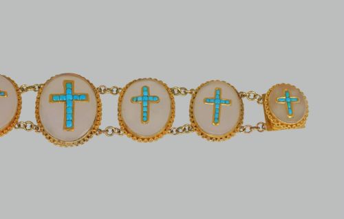 VICTORIAN 18CT GOLD TURQUOISE CHALCEDONY CRUCIFIX BRACELET ANTIQUE CROSS BRACELET CIRCA 1880 - ADDITIONAL PHOTO 6