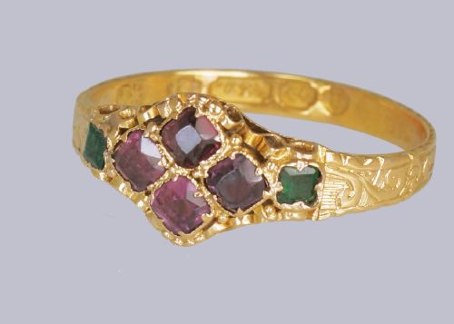 victorian 15ct gold garnet emerald antique english ring hallmarked birmingham 1869 - CATEGORY: ANTIQUE JEWELLERY - DATED VICTORIAN