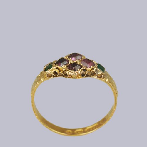 VICTORIAN 15CT GOLD GARNET EMERALD ANTIQUE ENGLISH RING HALLMARKED BIRMINGHAM 1869 - ADDITIONAL PHOTO 6