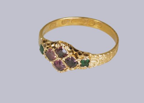 VICTORIAN 15CT GOLD GARNET EMERALD ANTIQUE ENGLISH RING HALLMARKED BIRMINGHAM 1869 - ADDITIONAL PHOTO 10