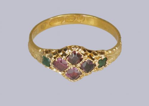 VICTORIAN 15CT GOLD GARNET EMERALD ANTIQUE ENGLISH RING HALLMARKED BIRMINGHAM 1869 - ADDITIONAL PHOTO 2