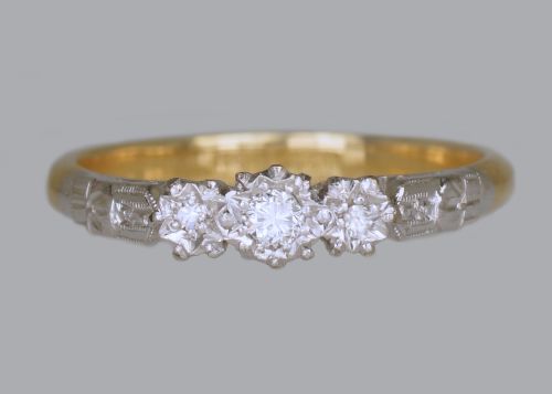 art deco old cut diamond ring 18ct gold plat antique 1920's vintage trilogy ring - CATEGORY: ANTIQUE JEWELLERY - DATED 1920
