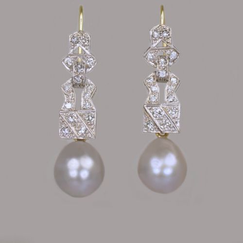 art deco pearl diamond dangle earrings 18ct gold plat antique drop 1920's earrings - CATEGORY: ANTIQUE JEWELLERY - DATED 1920
