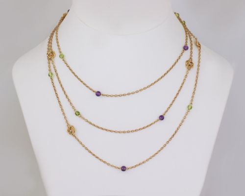 antique suffragette sautoir edwardian necklace pearl peridot amethyst 58 long - CATEGORY: ANTIQUE MISCELLANEOUS - DATED 1900