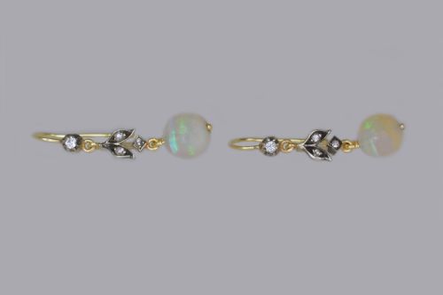 VICTORIAN OPAL ROSE CUT DIAMOND DANGLE EARRINGS 18CT GOLD ANTIQUE DROP EARRINGS CIRCA 1900 - ADDITIONAL PHOTO 2