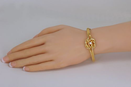 VICTORIAN 15CT GOLD OLD CUT DIAMOND LOVERS KNOT HINGED BANGLE ANTIQUE BRACELET CIRCA 1890 - ADDITIONAL PHOTO 1