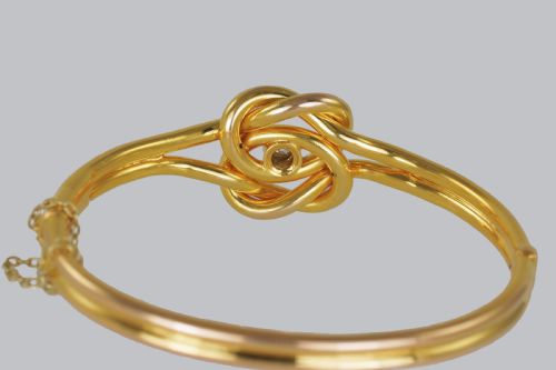 VICTORIAN 15CT GOLD OLD CUT DIAMOND LOVERS KNOT HINGED BANGLE ANTIQUE BRACELET CIRCA 1890 - ADDITIONAL PHOTO 4