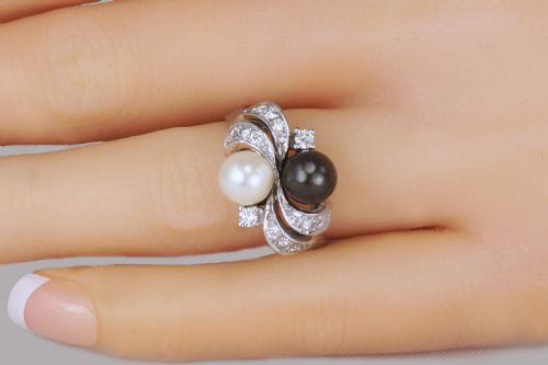 VINTAGE 18CT GOLD PEARL DIAMOND TOI MOI RING 1960'S GREY PEARL COCKTAIL TWIST RING - ADDITIONAL PHOTO 2