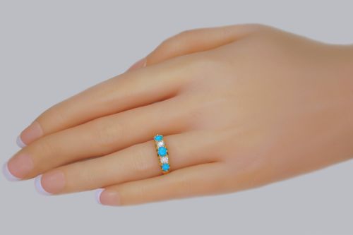 ANTIQUE 18CT GOLD TURQUOISE OLD MINE CUT DIAMOND RING VINTAGE FIVE STONE RING - ADDITIONAL PHOTO 1