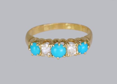 ANTIQUE 18CT GOLD TURQUOISE OLD MINE CUT DIAMOND RING VINTAGE FIVE STONE RING - ADDITIONAL PHOTO 3