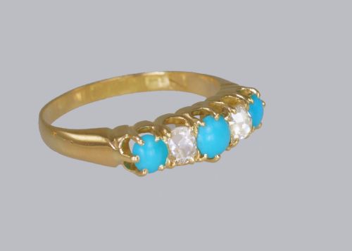 ANTIQUE 18CT GOLD TURQUOISE OLD MINE CUT DIAMOND RING VINTAGE FIVE STONE RING - ADDITIONAL PHOTO 6