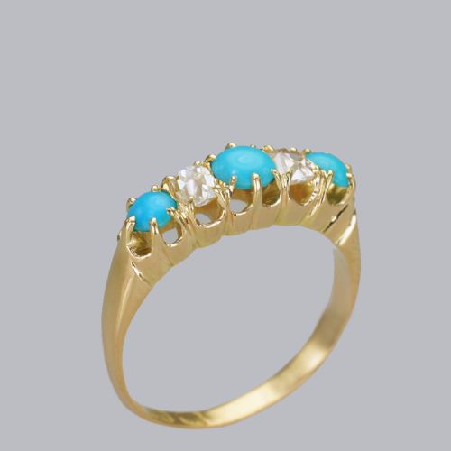 ANTIQUE 18CT GOLD TURQUOISE OLD MINE CUT DIAMOND RING VINTAGE FIVE STONE RING - ADDITIONAL PHOTO 7