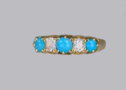 ANTIQUE 18CT GOLD TURQUOISE OLD MINE CUT DIAMOND RING VINTAGE FIVE STONE RING - ADDITIONAL PHOTO 8