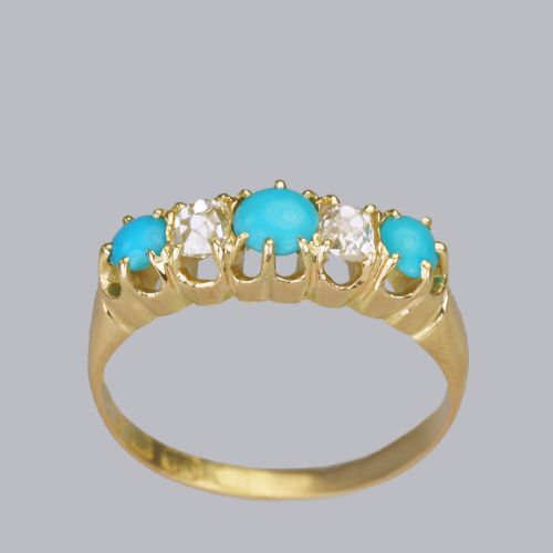 ANTIQUE 18CT GOLD TURQUOISE OLD MINE CUT DIAMOND RING VINTAGE FIVE STONE RING - ADDITIONAL PHOTO 9
