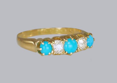 ANTIQUE 18CT GOLD TURQUOISE OLD MINE CUT DIAMOND RING VINTAGE FIVE STONE RING - ADDITIONAL PHOTO 10