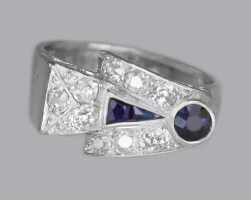 diamond sapphire art deco platinum ring 1930's vintage large retro dress ring - CATEGORY: ANTIQUE JEWELLERY - DATED 1930