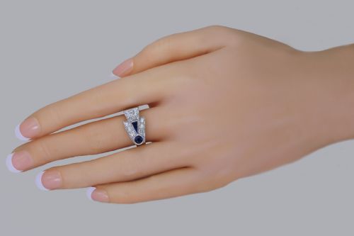 DIAMOND SAPPHIRE ART DECO PLATINUM RING 1930'S VINTAGE LARGE RETRO DRESS RING - ADDITIONAL PHOTO 1