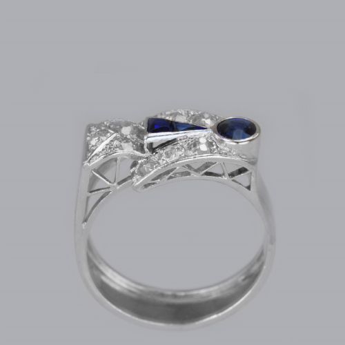 DIAMOND SAPPHIRE ART DECO PLATINUM RING 1930'S VINTAGE LARGE RETRO DRESS RING - ADDITIONAL PHOTO 2