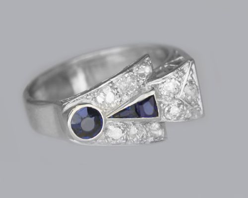 DIAMOND SAPPHIRE ART DECO PLATINUM RING 1930'S VINTAGE LARGE RETRO DRESS RING - ADDITIONAL PHOTO 5